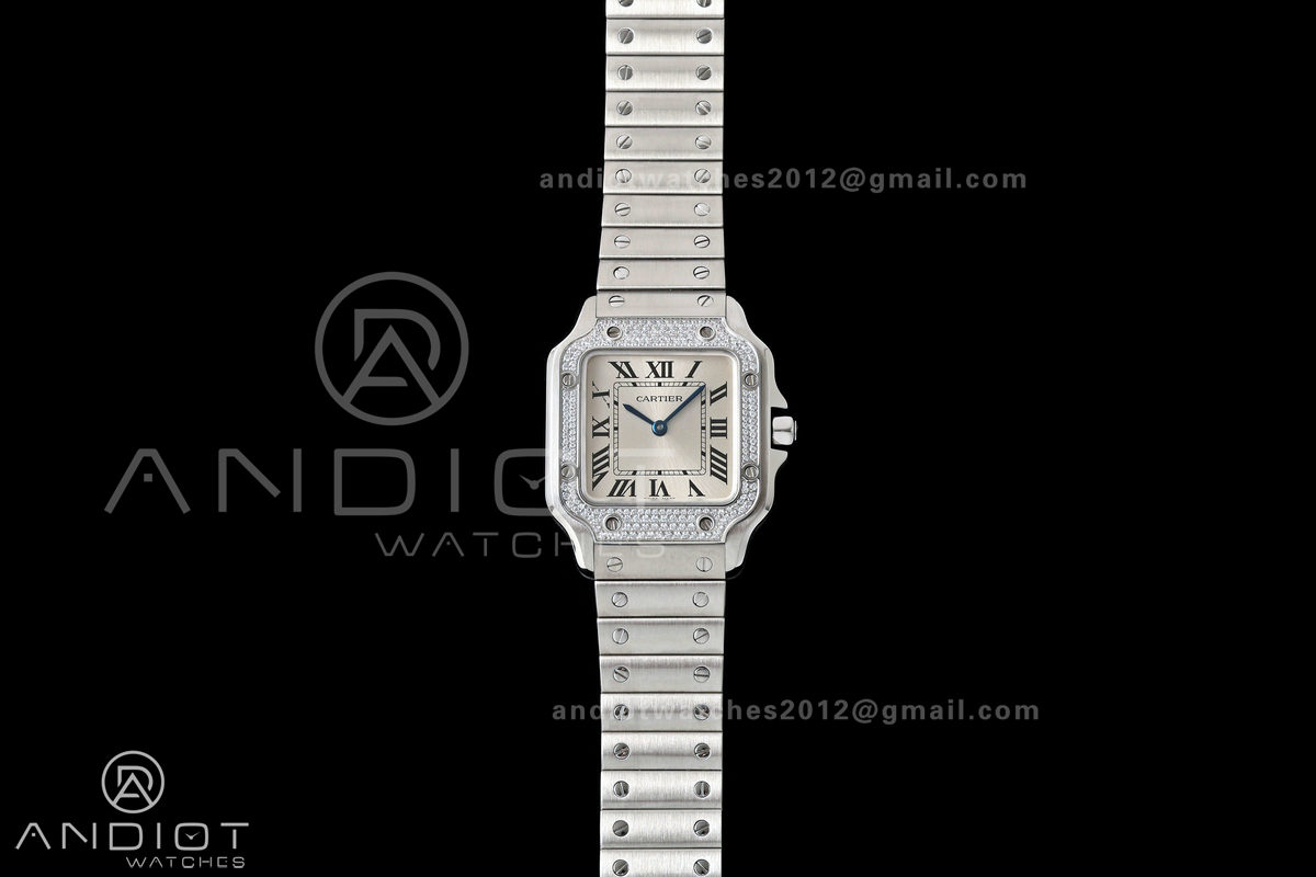 Santos de Cartier 27mm SS AF 1:1 Best Edition Diamond Bezel Silver Dial On SS SmartLinks Bracelet Ronda Quartz